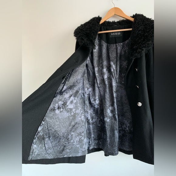 GUESS - faux fur lined pea coat jacket black XL - Picture 9 of 14